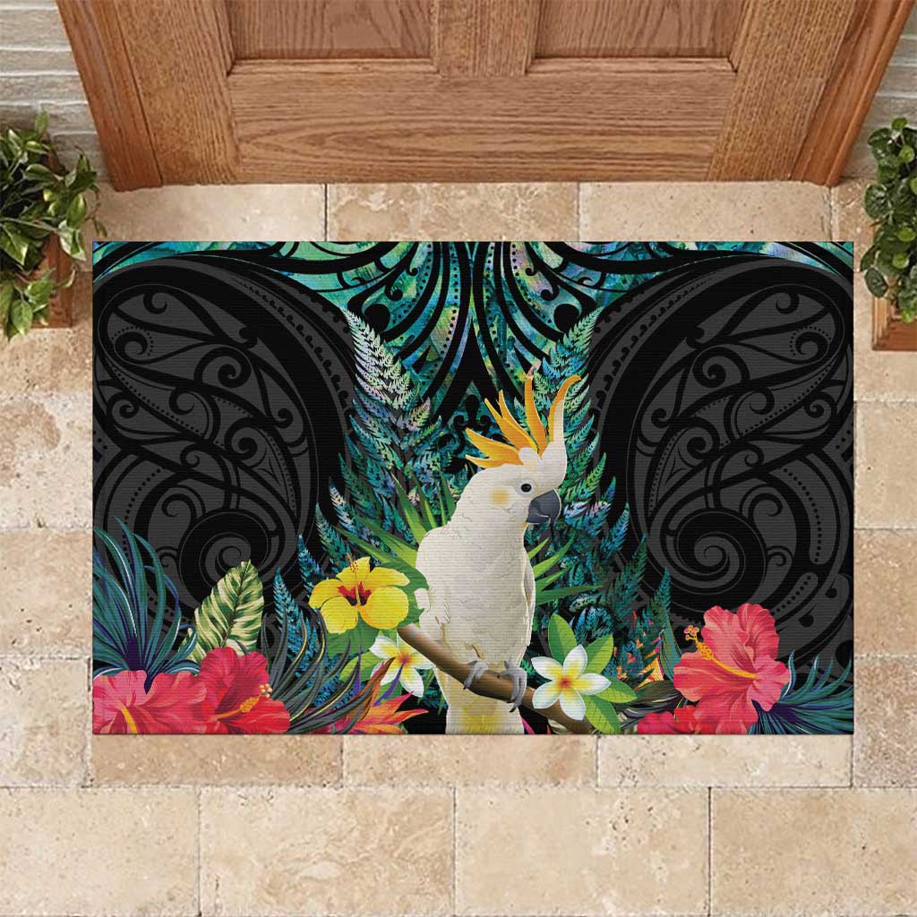 Sulphur-crested Cockatoo New Zealand Rubber Doormat Paua Shell Aotearoa Maori Tropical Flowers - Aussie Hoodie