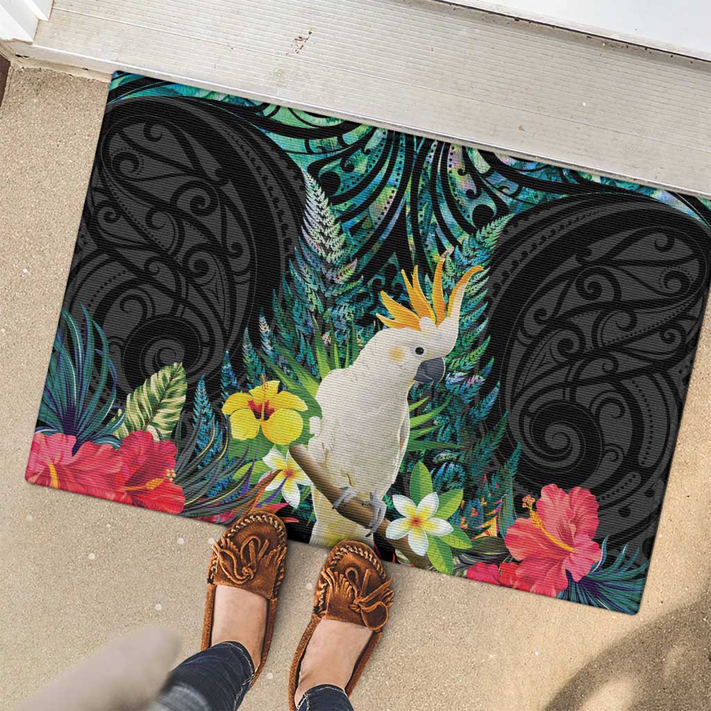 Sulphur-crested Cockatoo New Zealand Rubber Doormat Paua Shell Aotearoa Maori Tropical Flowers - Aussie Hoodie