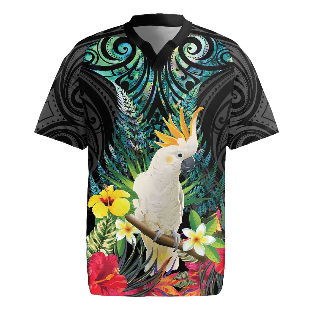 Sulphur-crested Cockatoo New Zealand Rugby Jersey Paua Shell Aotearoa Maori Tropical Flowers - Aussie Hoodie
