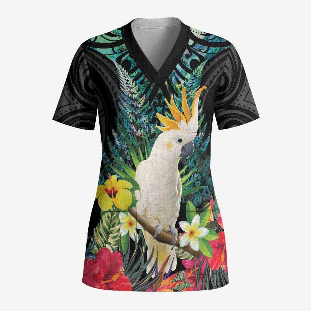 Sulphur-crested Cockatoo New Zealand Scrub Top Paua Shell Aotearoa Maori Tropical Flowers - Aussie Hoodie