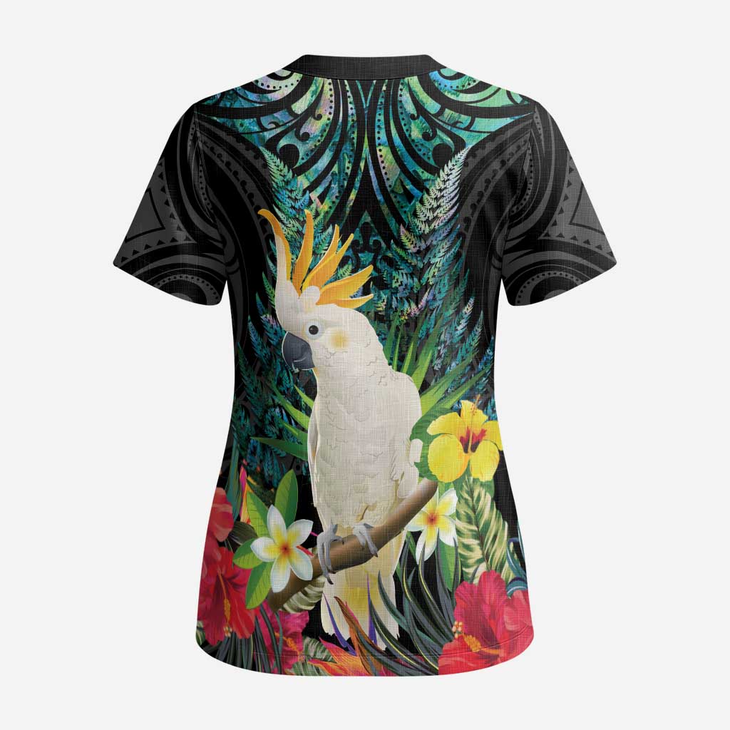 Sulphur-crested Cockatoo New Zealand Scrub Top Paua Shell Aotearoa Maori Tropical Flowers - Aussie Hoodie