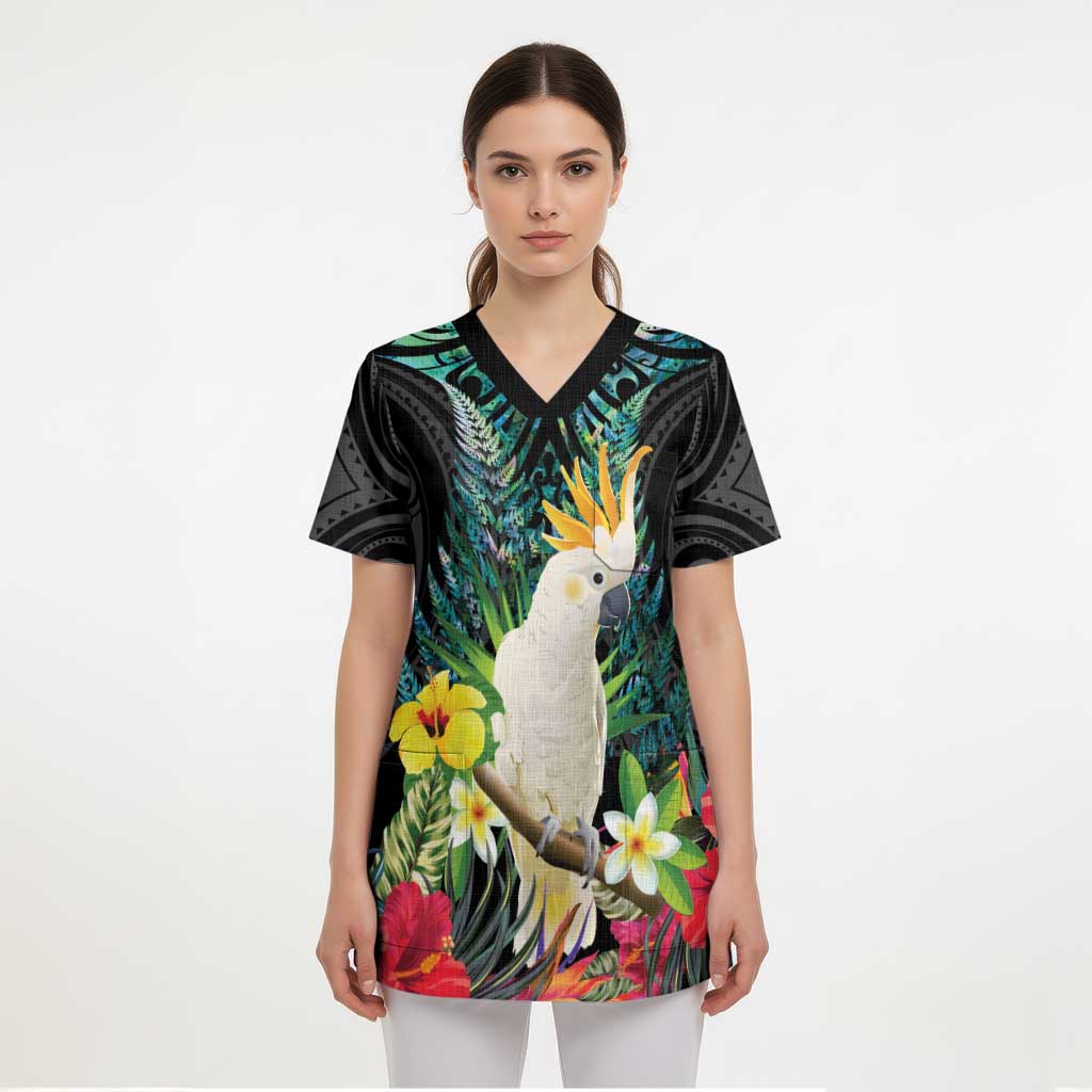 Sulphur-crested Cockatoo New Zealand Scrub Top Paua Shell Aotearoa Maori Tropical Flowers - Aussie Hoodie