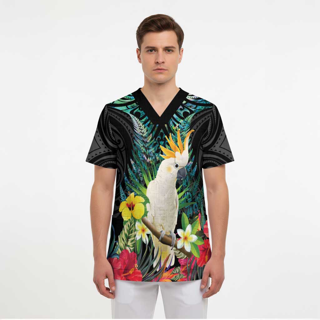 Sulphur-crested Cockatoo New Zealand Scrub Top Paua Shell Aotearoa Maori Tropical Flowers - Aussie Hoodie
