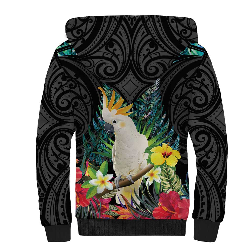 Sulphur-crested Cockatoo New Zealand Sherpa Hoodie Paua Shell Aotearoa Maori Tropical Flowers - Aussie Hoodie