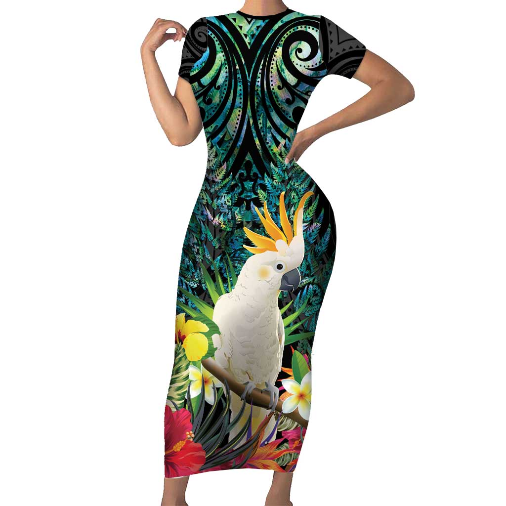 Sulphur-crested Cockatoo New Zealand Short Sleeve Bodycon Dress Paua Shell Aotearoa Maori Tropical Flowers - Aussie Hoodie