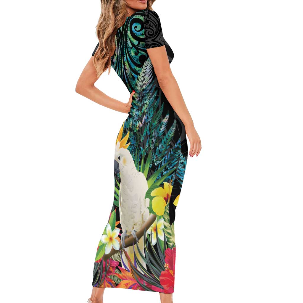 Sulphur-crested Cockatoo New Zealand Short Sleeve Bodycon Dress Paua Shell Aotearoa Maori Tropical Flowers - Aussie Hoodie