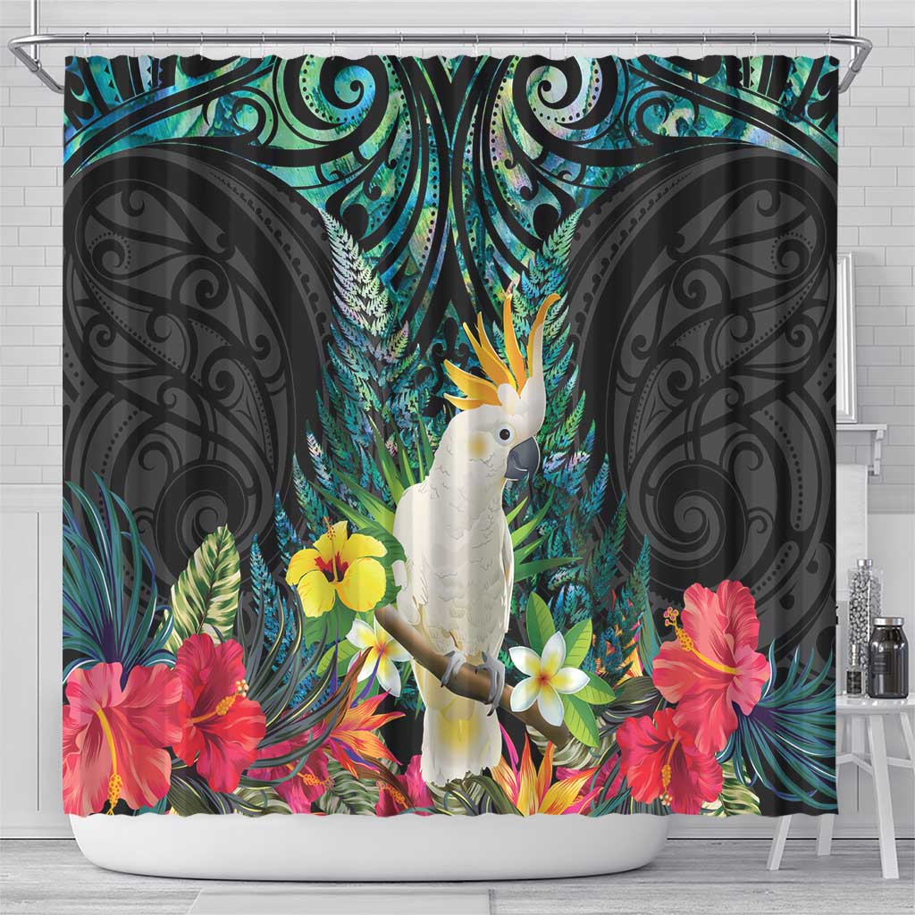 Sulphur-crested Cockatoo New Zealand Shower Curtain Paua Shell Aotearoa Maori Tropical Flowers - Aussie Hoodie