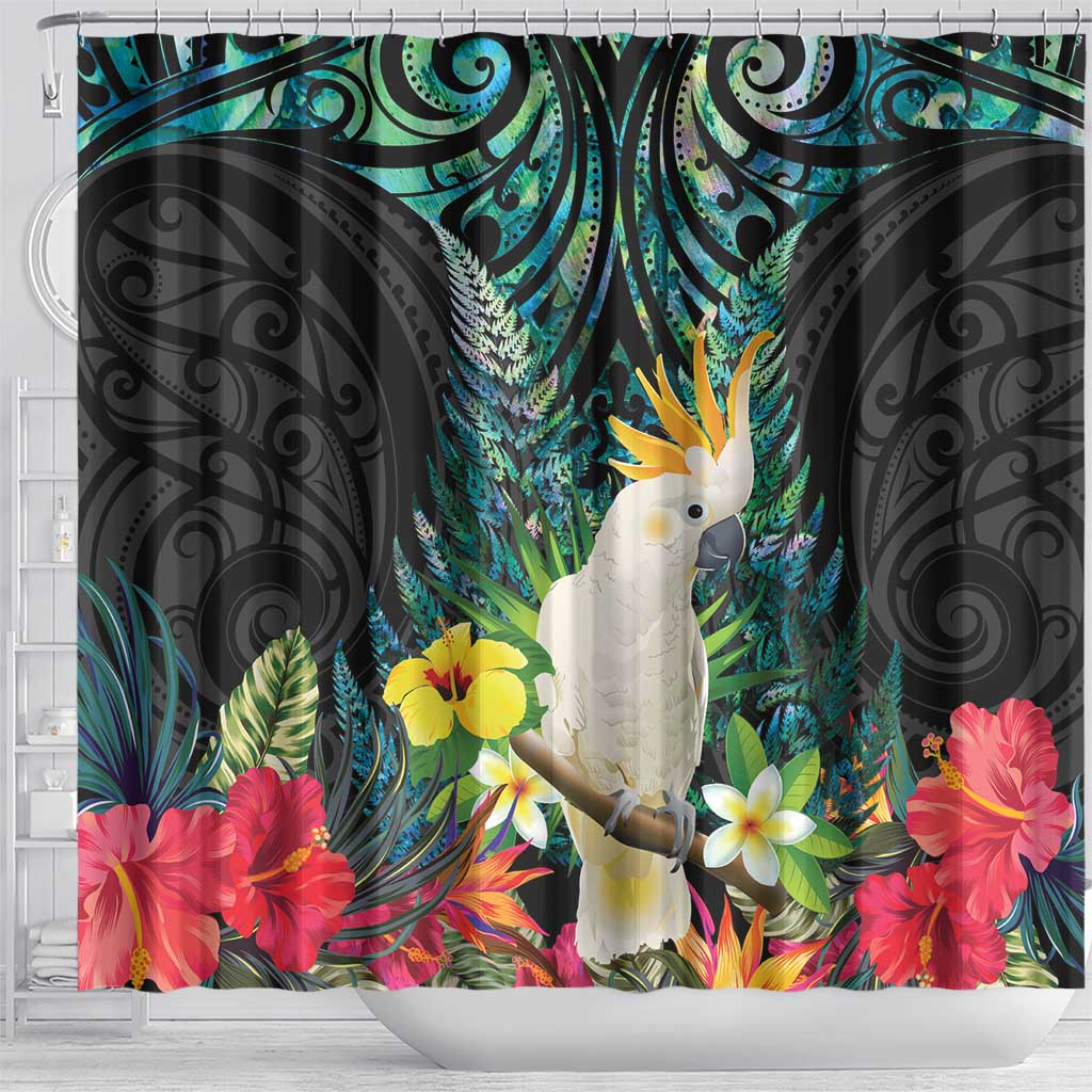 Sulphur-crested Cockatoo New Zealand Shower Curtain Paua Shell Aotearoa Maori Tropical Flowers - Aussie Hoodie