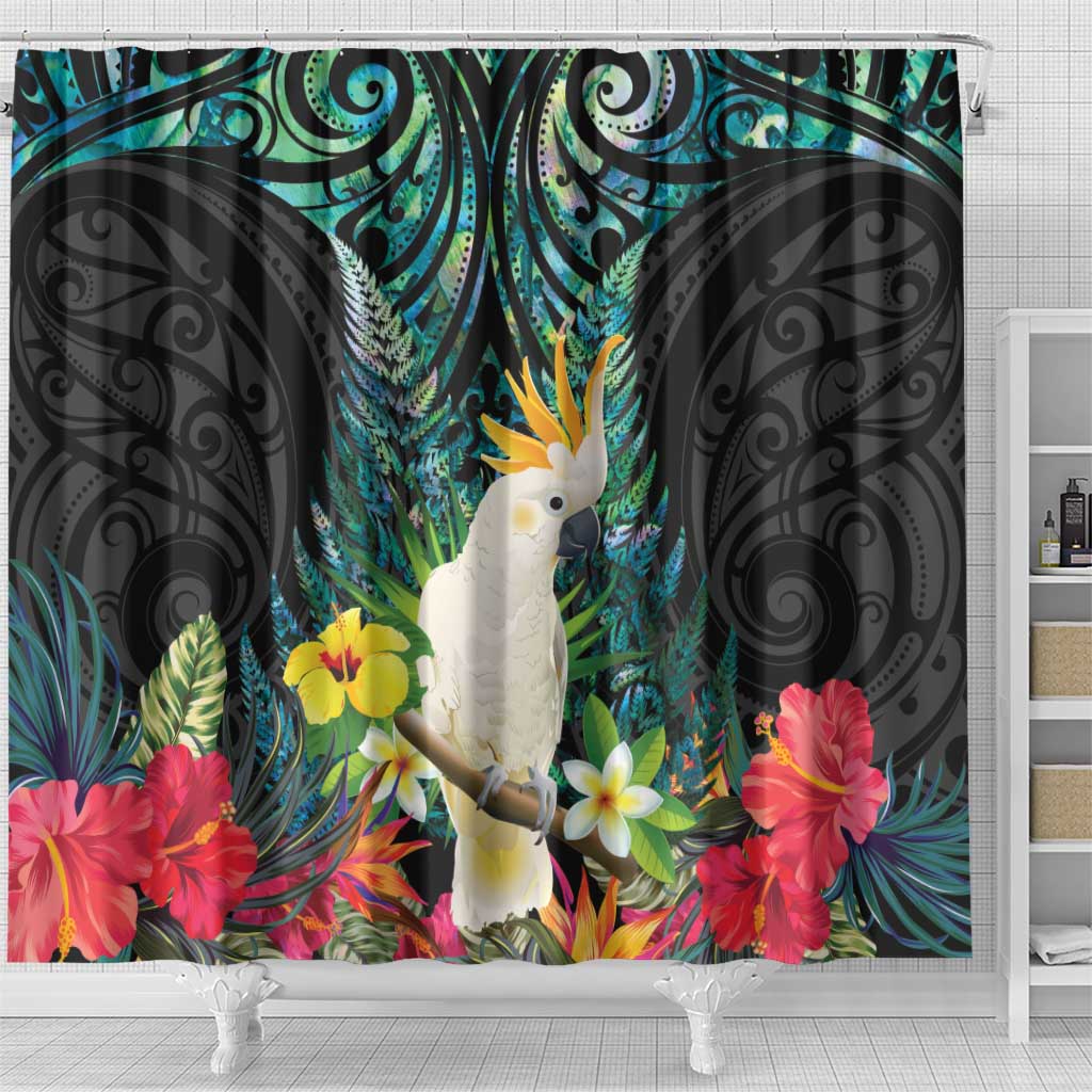 Sulphur-crested Cockatoo New Zealand Shower Curtain Paua Shell Aotearoa Maori Tropical Flowers - Aussie Hoodie