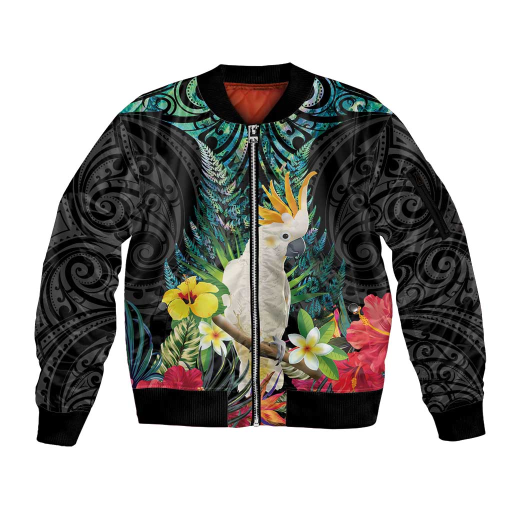 Sulphur-crested Cockatoo New Zealand Sleeve Zip Bomber Jacket Paua Shell Aotearoa Maori Tropical Flowers - Aussie Hoodie