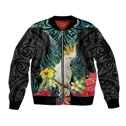 Sulphur-crested Cockatoo New Zealand Sleeve Zip Bomber Jacket Paua Shell Aotearoa Maori Tropical Flowers - Aussie Hoodie
