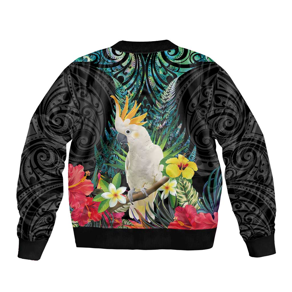 Sulphur-crested Cockatoo New Zealand Sleeve Zip Bomber Jacket Paua Shell Aotearoa Maori Tropical Flowers - Aussie Hoodie