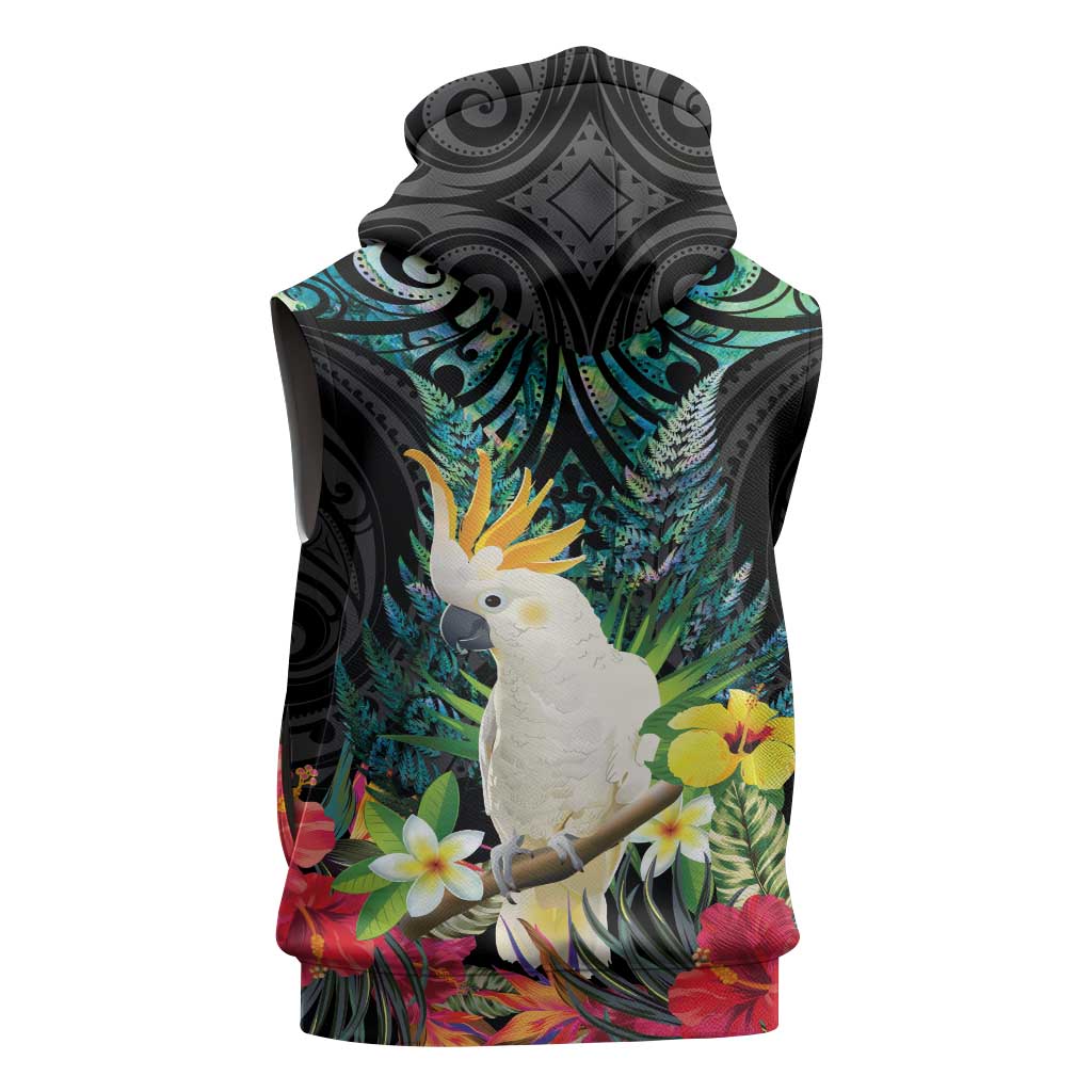 Sulphur-crested Cockatoo New Zealand Sleeveless Hoodie Paua Shell Aotearoa Maori Tropical Flowers - Aussie Hoodie