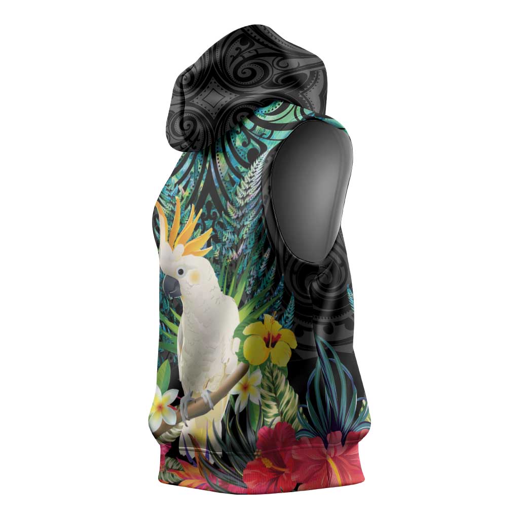 Sulphur-crested Cockatoo New Zealand Sleeveless Hoodie Paua Shell Aotearoa Maori Tropical Flowers - Aussie Hoodie