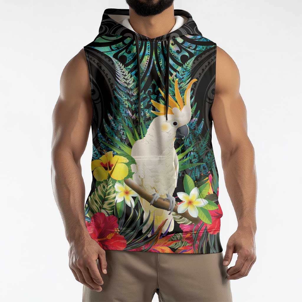 Sulphur-crested Cockatoo New Zealand Sleeveless Hoodie Paua Shell Aotearoa Maori Tropical Flowers - Aussie Hoodie