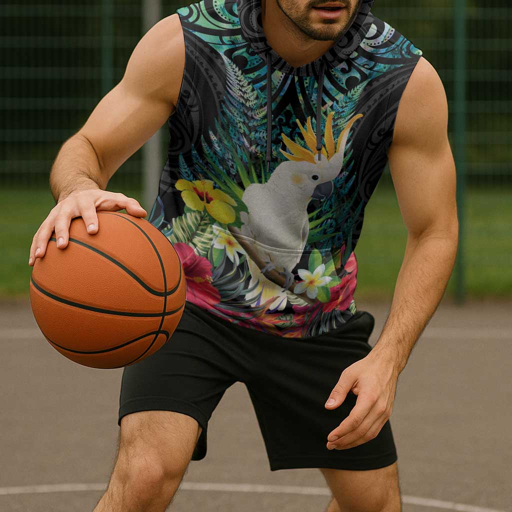 Sulphur-crested Cockatoo New Zealand Sleeveless Hoodie Paua Shell Aotearoa Maori Tropical Flowers - Aussie Hoodie