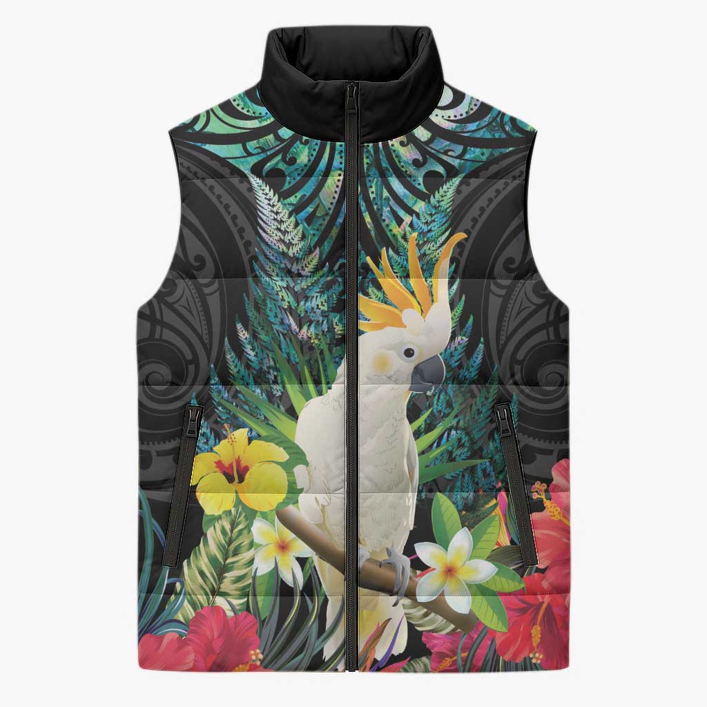Sulphur-crested Cockatoo New Zealand Sleeveless Puffer Jacket Paua Shell Aotearoa Maori Tropical Flowers - Aussie Hoodie