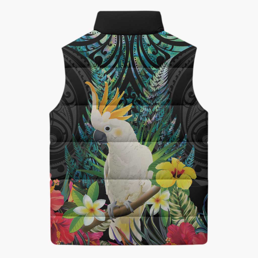 Sulphur-crested Cockatoo New Zealand Sleeveless Puffer Jacket Paua Shell Aotearoa Maori Tropical Flowers - Aussie Hoodie