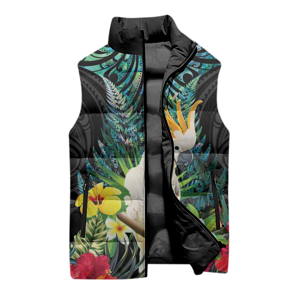Sulphur-crested Cockatoo New Zealand Sleeveless Puffer Jacket Paua Shell Aotearoa Maori Tropical Flowers - Aussie Hoodie