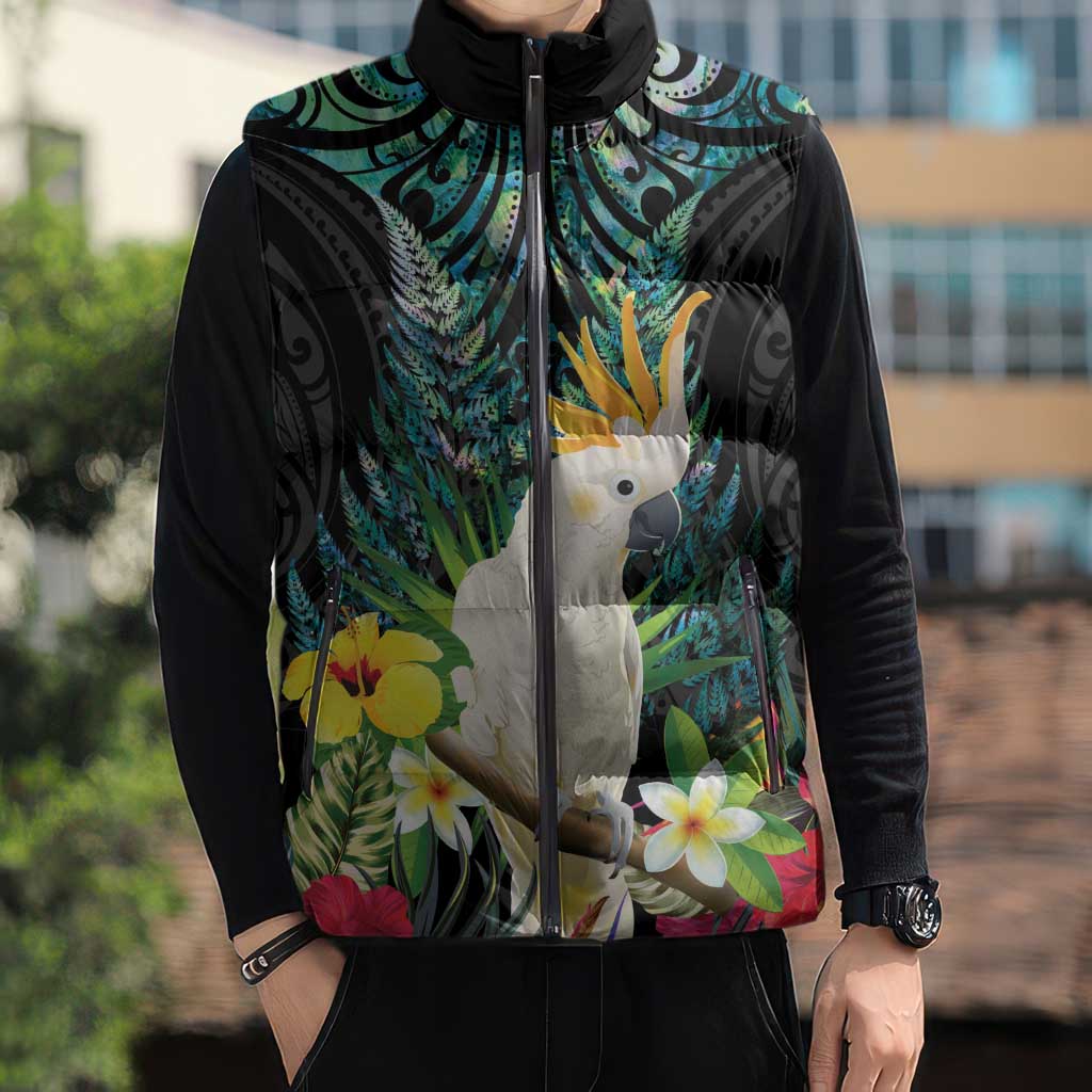 Sulphur-crested Cockatoo New Zealand Sleeveless Puffer Jacket Paua Shell Aotearoa Maori Tropical Flowers - Aussie Hoodie