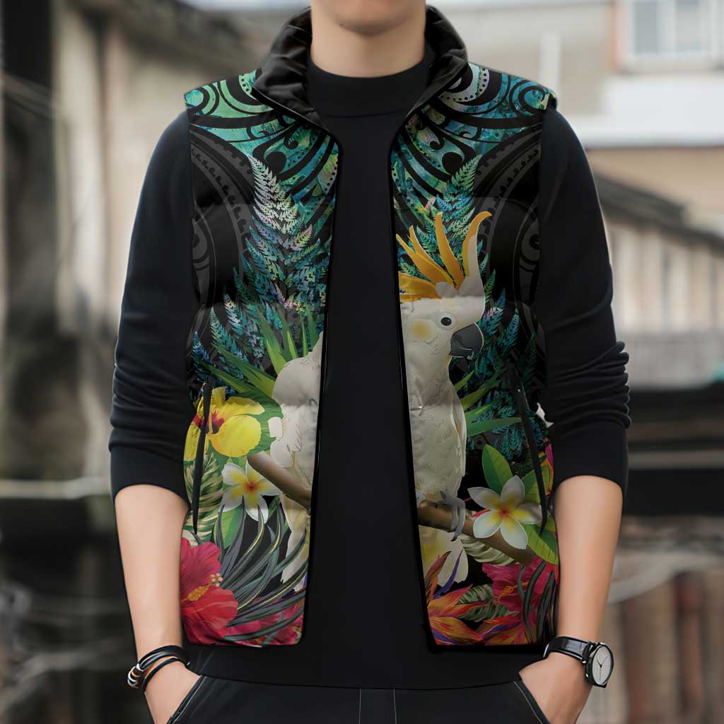 Sulphur-crested Cockatoo New Zealand Sleeveless Puffer Jacket Paua Shell Aotearoa Maori Tropical Flowers - Aussie Hoodie