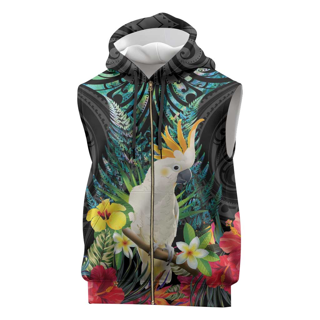 Sulphur-crested Cockatoo New Zealand Sleeveless Zip Hoodie Paua Shell Aotearoa Maori Tropical Flowers - Aussie Hoodie