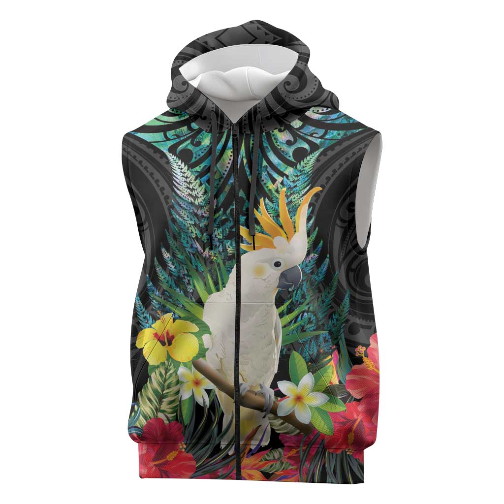 Sulphur-crested Cockatoo New Zealand Sleeveless Zip Hoodie Paua Shell Aotearoa Maori Tropical Flowers LT14