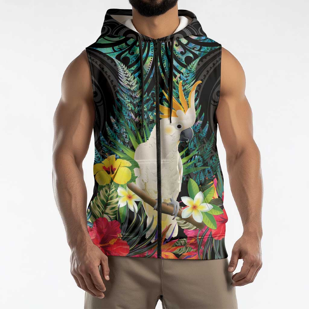 Sulphur-crested Cockatoo New Zealand Sleeveless Zip Hoodie Paua Shell Aotearoa Maori Tropical Flowers LT14