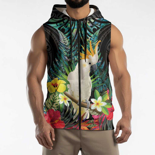 Sulphur-crested Cockatoo New Zealand Sleeveless Zip Hoodie Paua Shell Aotearoa Maori Tropical Flowers LT14