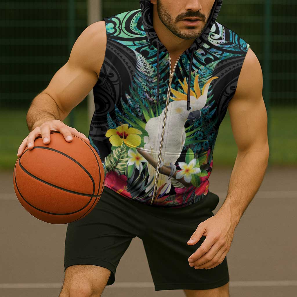 Sulphur-crested Cockatoo New Zealand Sleeveless Zip Hoodie Paua Shell Aotearoa Maori Tropical Flowers - Aussie Hoodie