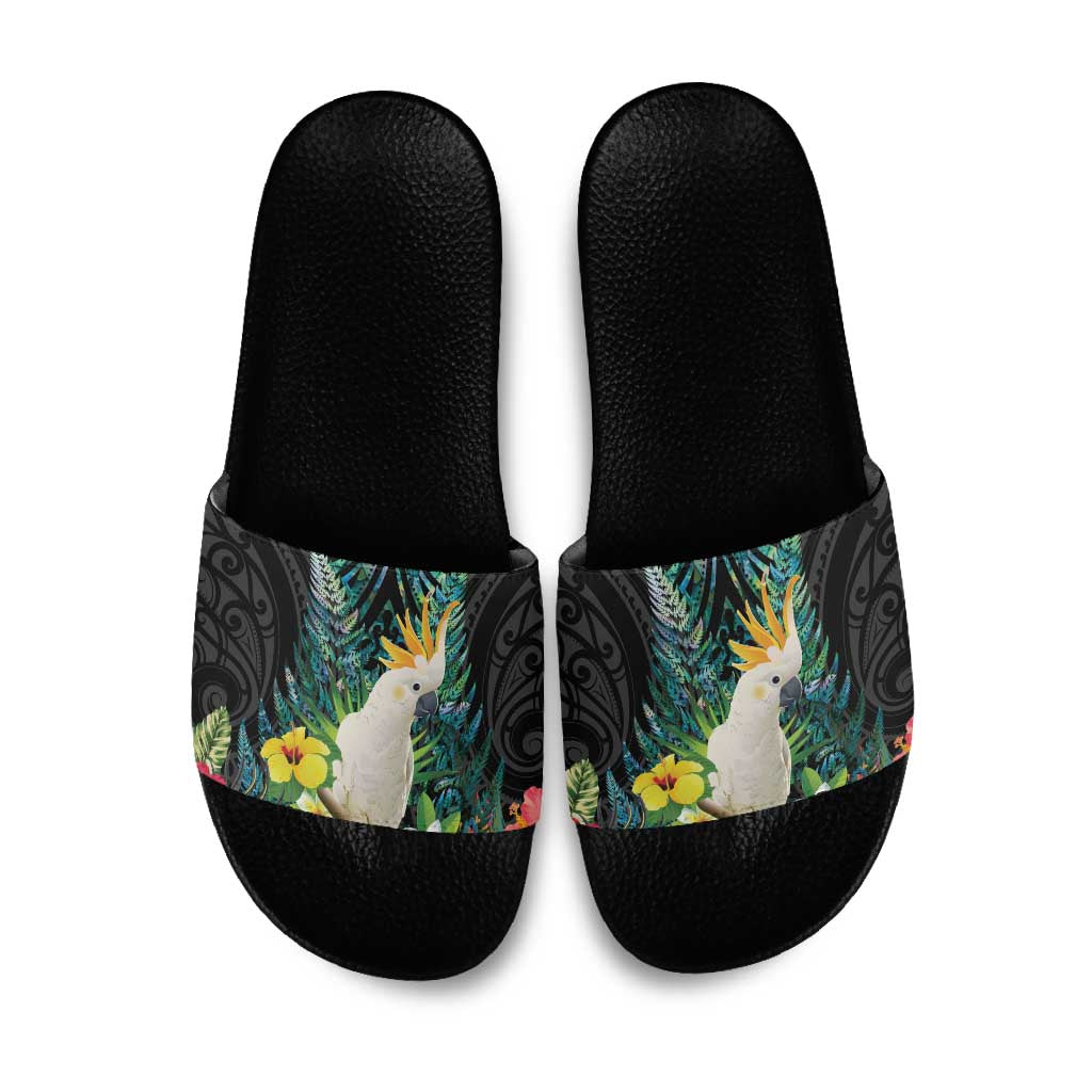 Sulphur-crested Cockatoo New Zealand Slide Sandals Paua Shell Aotearoa Maori Tropical Flowers - Aussie Hoodie