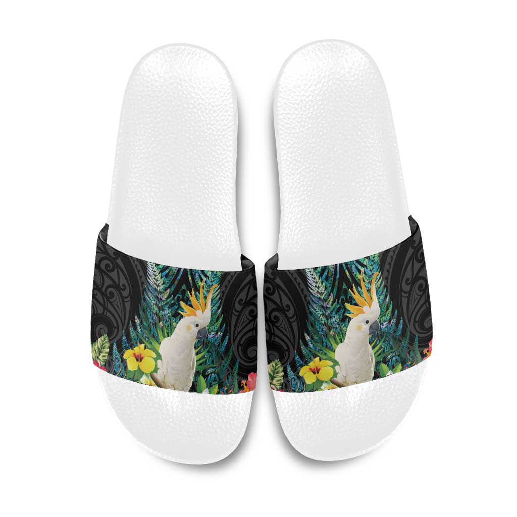 Sulphur-crested Cockatoo New Zealand Slide Sandals Paua Shell Aotearoa Maori Tropical Flowers - Aussie Hoodie