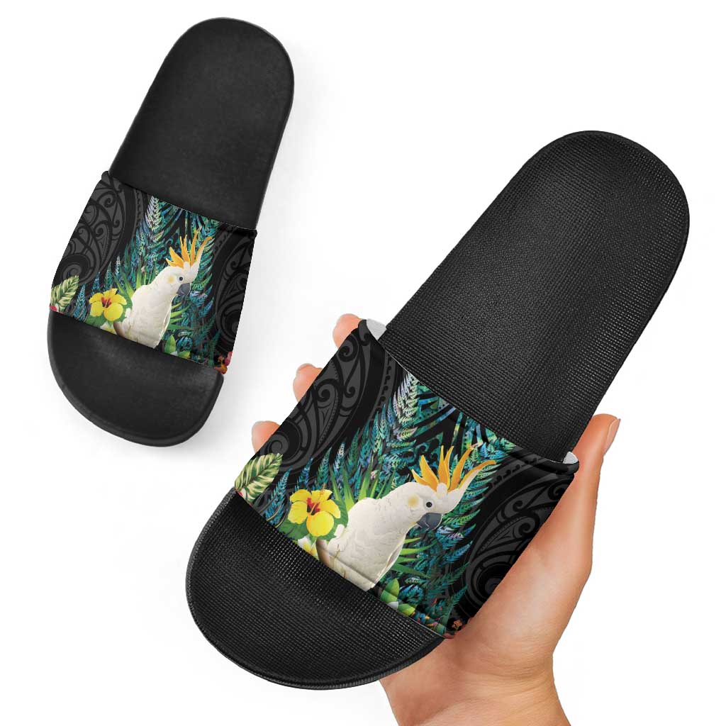 Sulphur-crested Cockatoo New Zealand Slide Sandals Paua Shell Aotearoa Maori Tropical Flowers - Aussie Hoodie