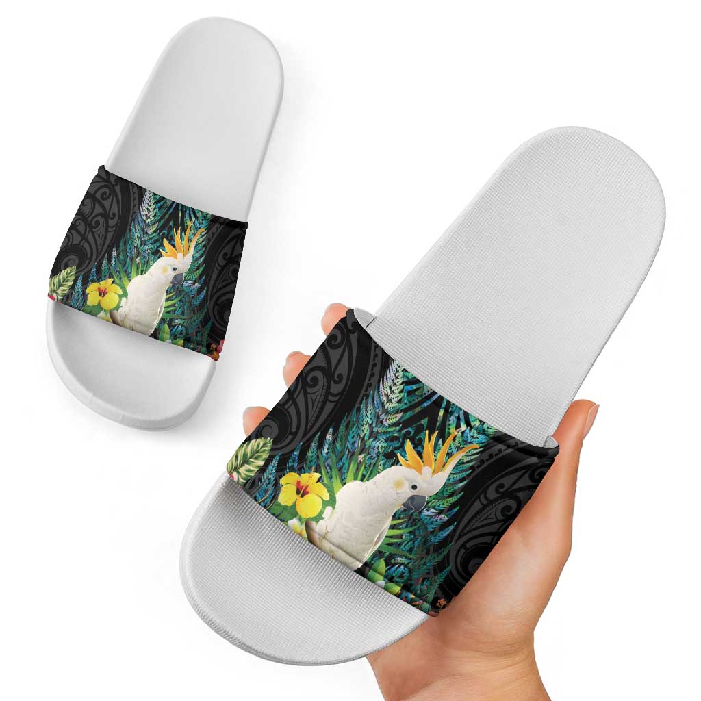 Sulphur-crested Cockatoo New Zealand Slide Sandals Paua Shell Aotearoa Maori Tropical Flowers - Aussie Hoodie