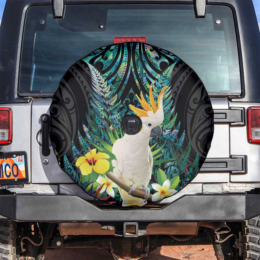 Sulphur-crested Cockatoo New Zealand Spare Tire Cover Paua Shell Aotearoa Maori Tropical Flowers - Aussie Hoodie