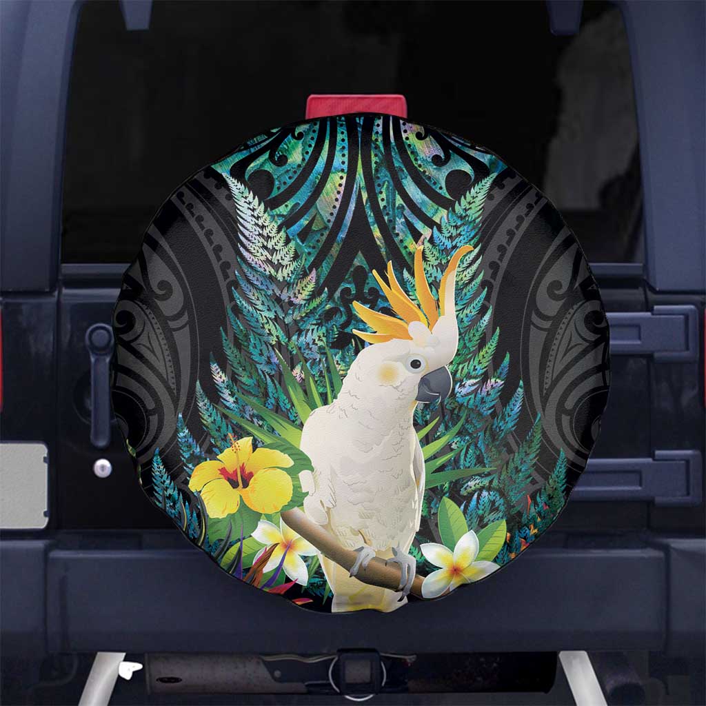 Sulphur-crested Cockatoo New Zealand Spare Tire Cover Paua Shell Aotearoa Maori Tropical Flowers - Aussie Hoodie