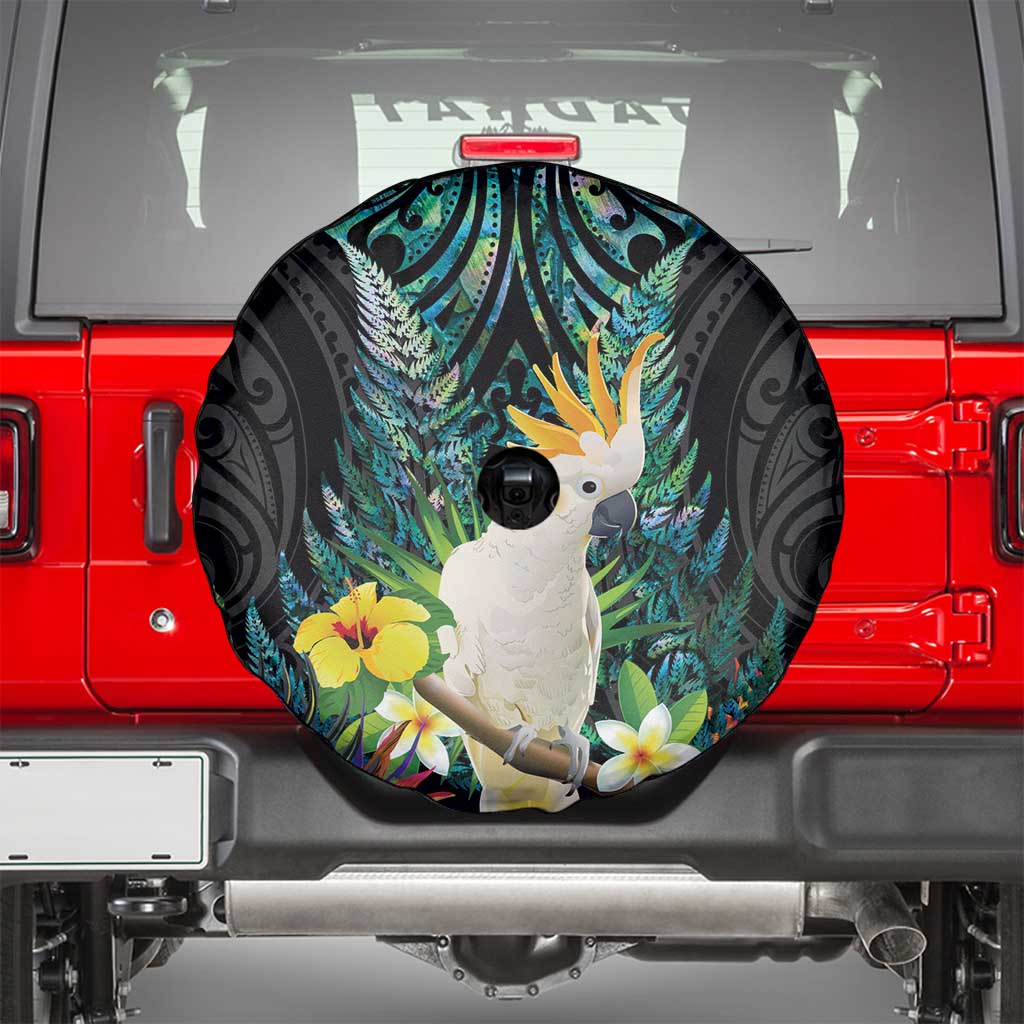 Sulphur-crested Cockatoo New Zealand Spare Tire Cover Paua Shell Aotearoa Maori Tropical Flowers - Aussie Hoodie