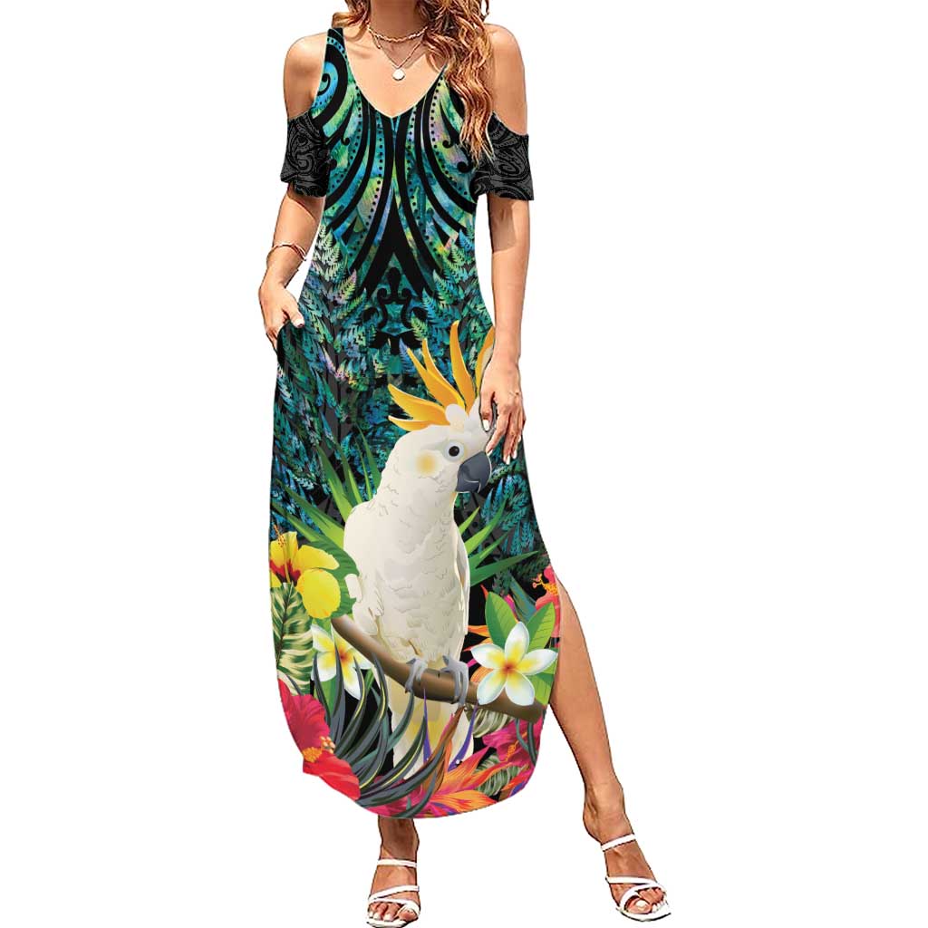 Sulphur-crested Cockatoo New Zealand Summer Maxi Dress Paua Shell Aotearoa Maori Tropical Flowers - Aussie Hoodie