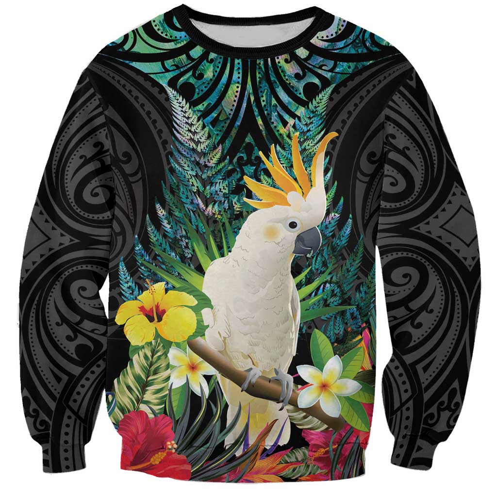 Sulphur-crested Cockatoo New Zealand Sweatshirt Paua Shell Aotearoa Maori Tropical Flowers - Aussie Hoodie