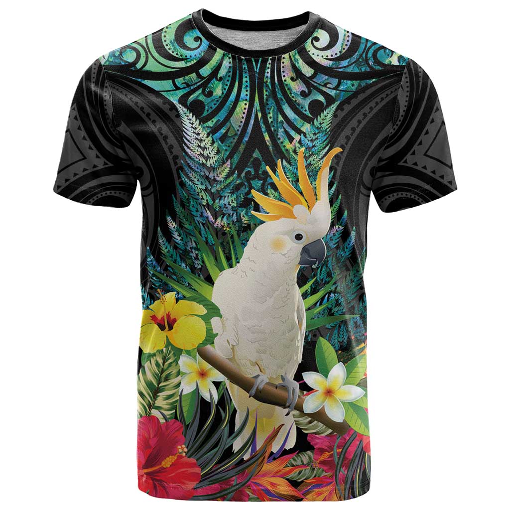 Sulphur-crested Cockatoo New Zealand T Shirt Paua Shell Aotearoa Maori Tropical Flowers - Aussie Hoodie