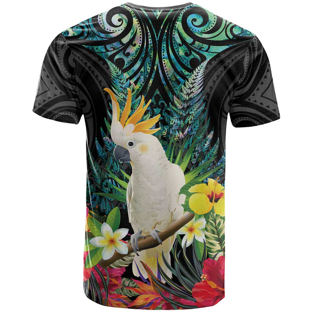 Sulphur-crested Cockatoo New Zealand T Shirt Paua Shell Aotearoa Maori Tropical Flowers - Aussie Hoodie