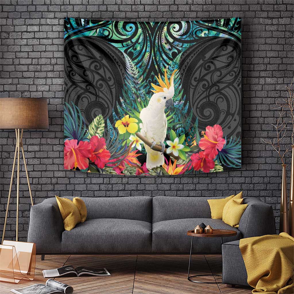 Sulphur-crested Cockatoo New Zealand Tapestry Paua Shell Aotearoa Maori Tropical Flowers - Aussie Hoodie