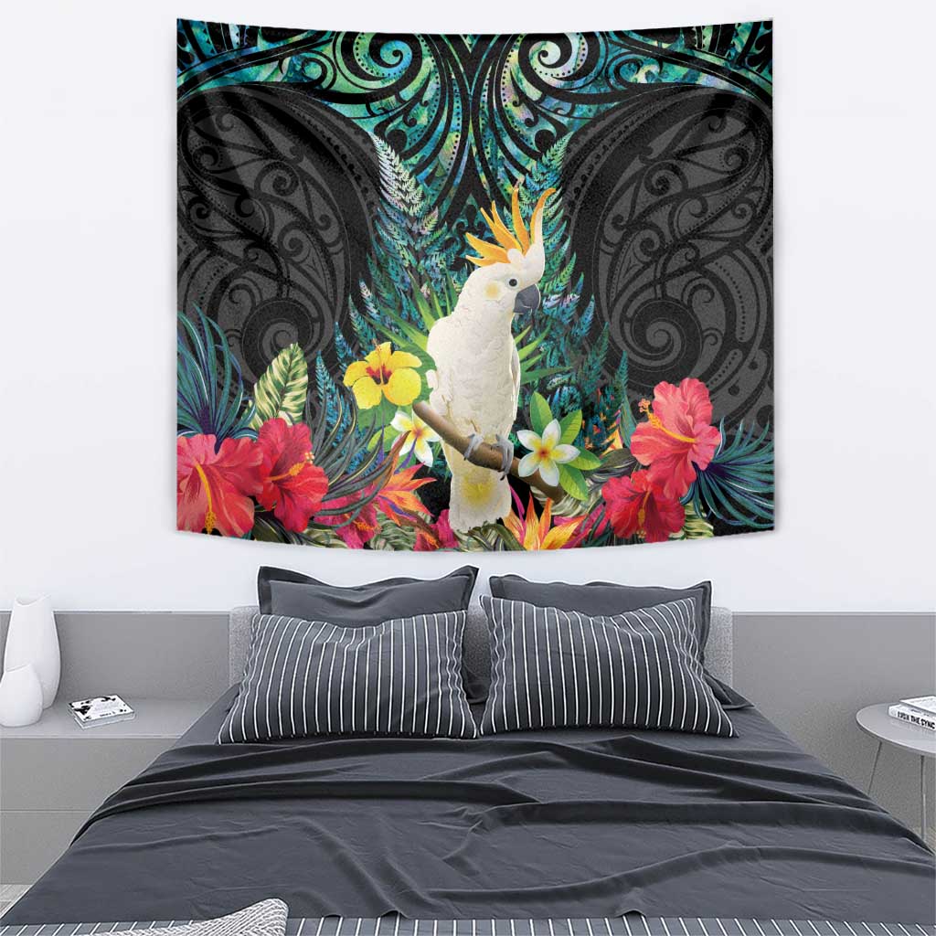 Sulphur-crested Cockatoo New Zealand Tapestry Paua Shell Aotearoa Maori Tropical Flowers - Aussie Hoodie