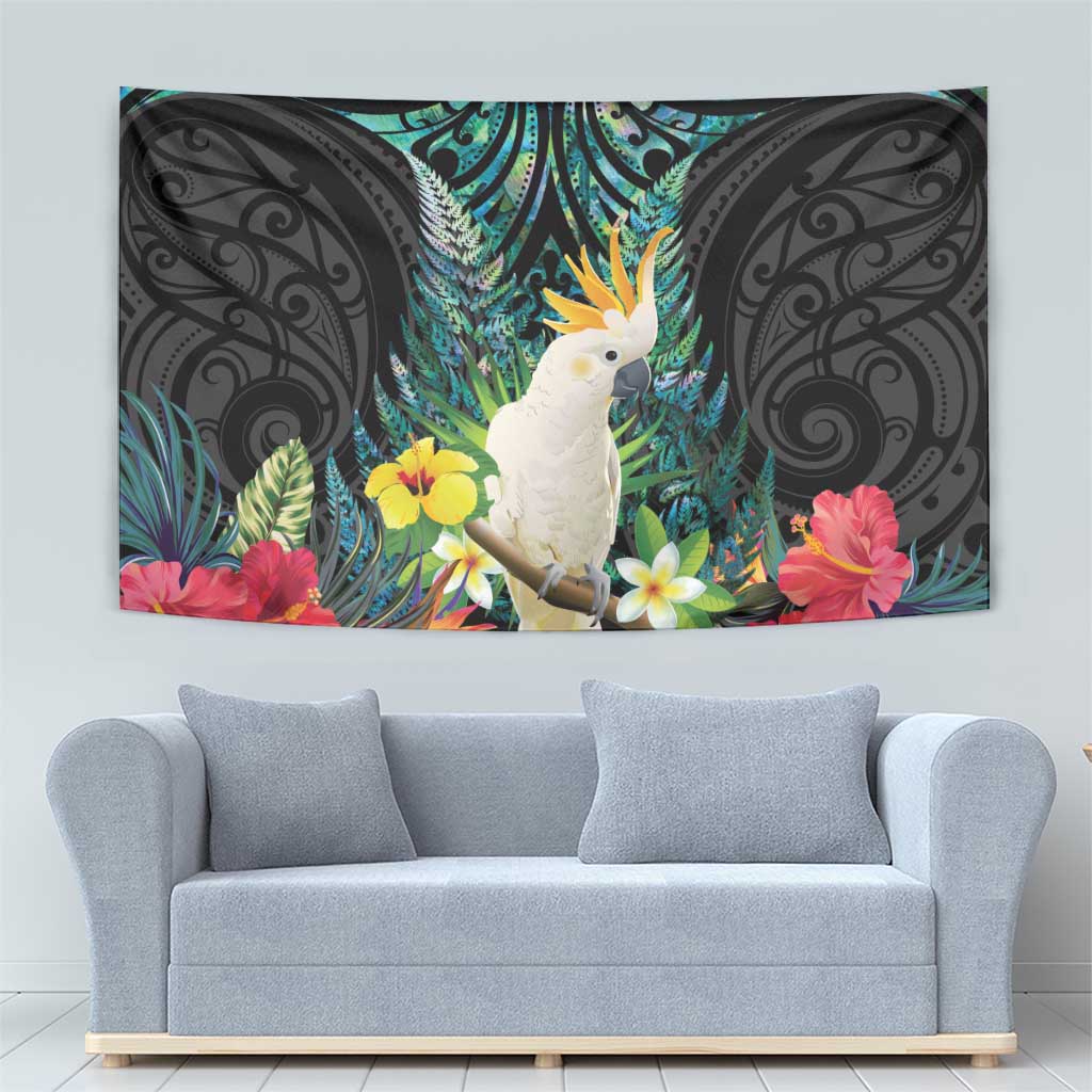 Sulphur-crested Cockatoo New Zealand Tapestry Paua Shell Aotearoa Maori Tropical Flowers - Aussie Hoodie