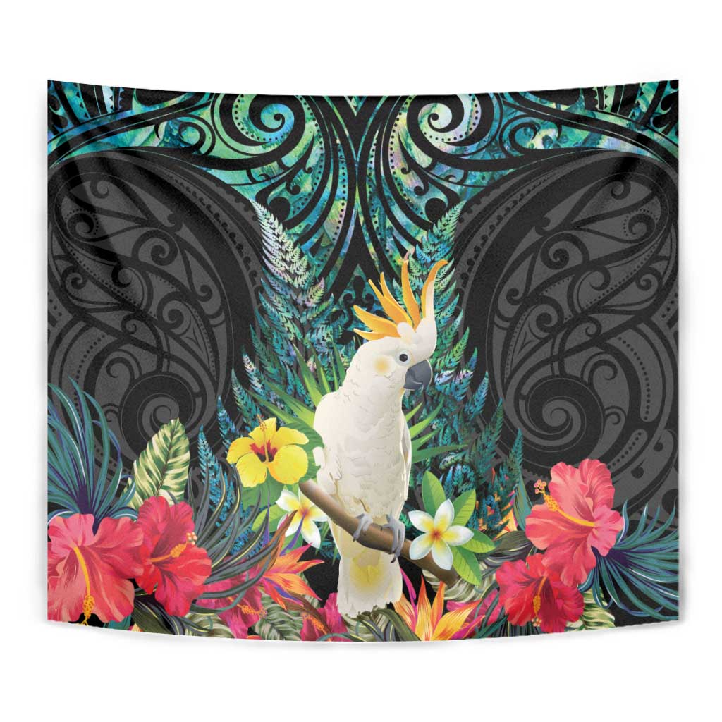 Sulphur-crested Cockatoo New Zealand Tapestry Paua Shell Aotearoa Maori Tropical Flowers - Aussie Hoodie