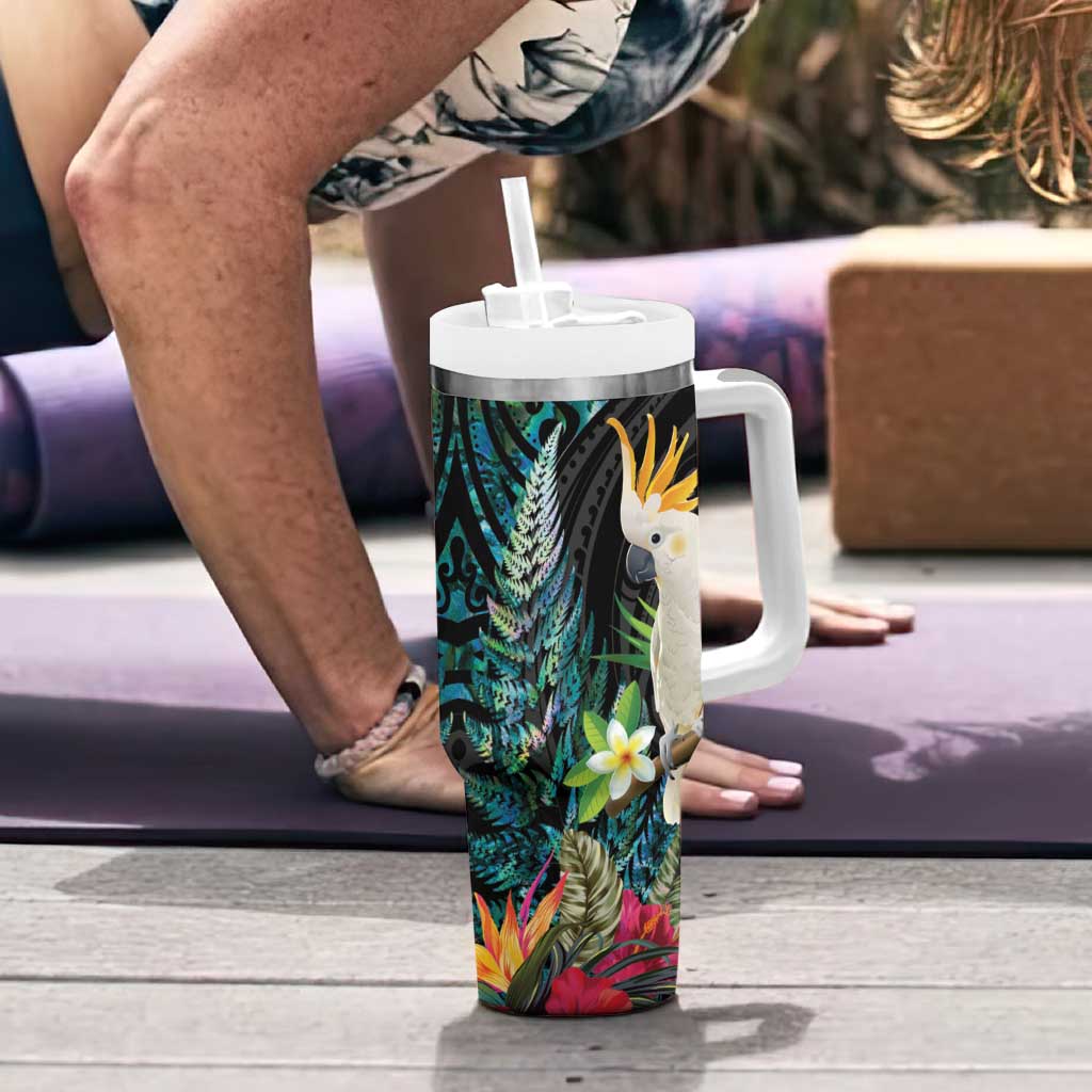 Sulphur-crested Cockatoo New Zealand Tumbler With Handle Paua Shell Aotearoa Maori Tropical Flowers - Aussie Hoodie