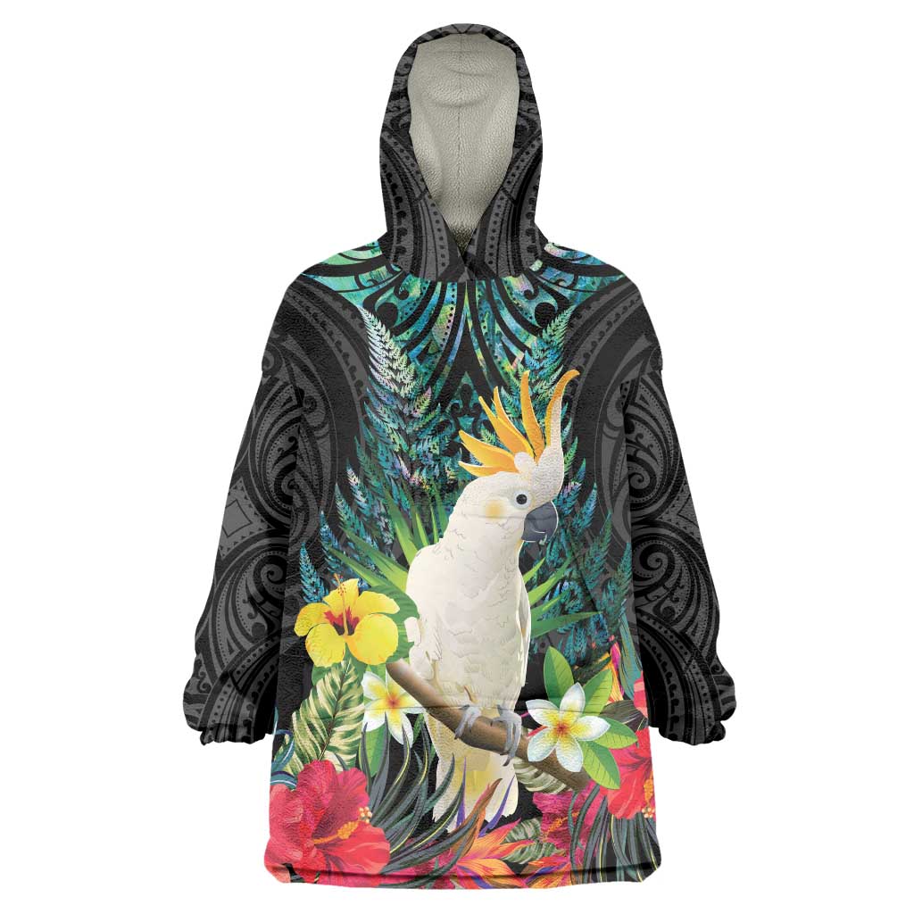 Sulphur-crested Cockatoo New Zealand Wearable Blanket Hoodie Paua Shell Aotearoa Maori Tropical Flowers - Aussie Hoodie