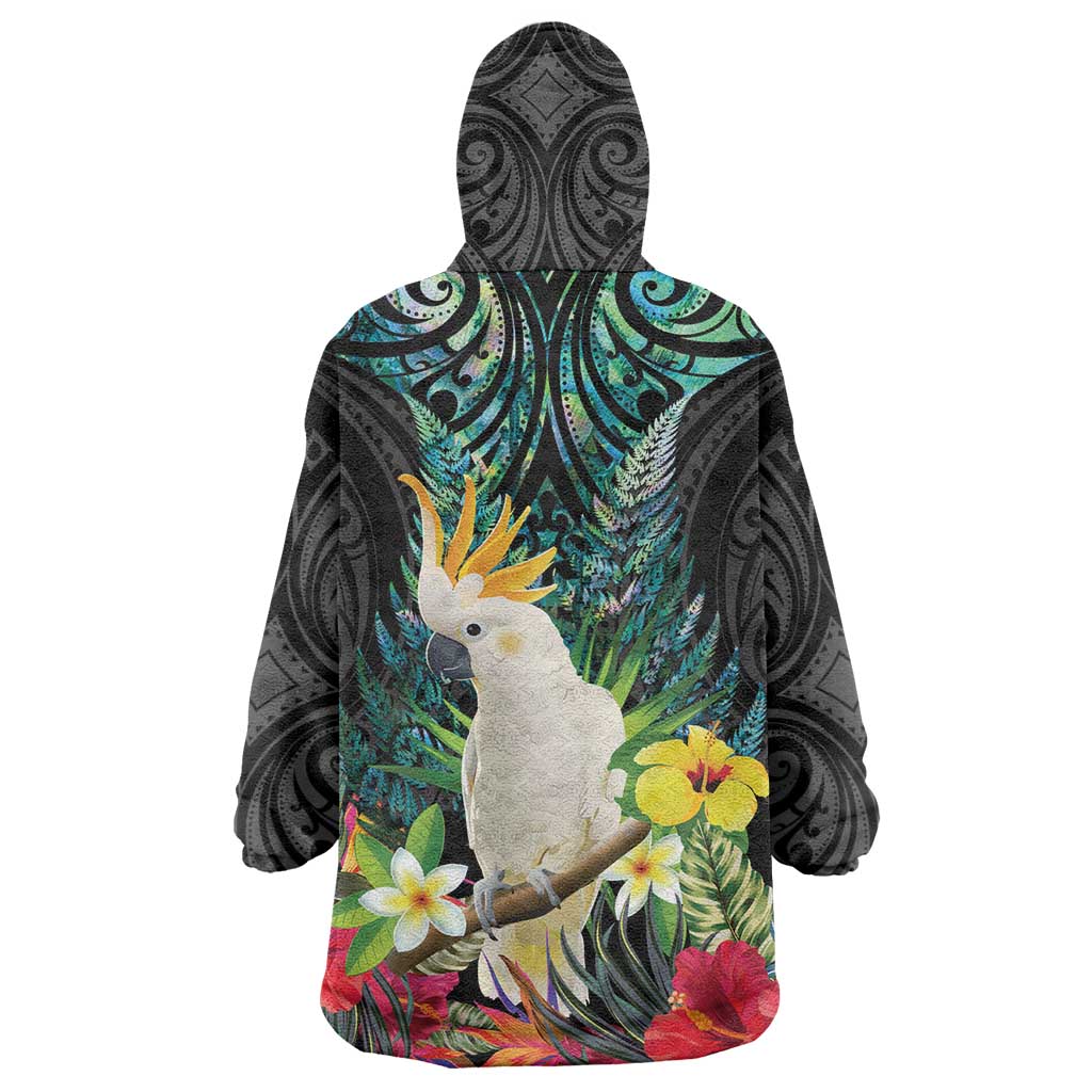 Sulphur-crested Cockatoo New Zealand Wearable Blanket Hoodie Paua Shell Aotearoa Maori Tropical Flowers - Aussie Hoodie