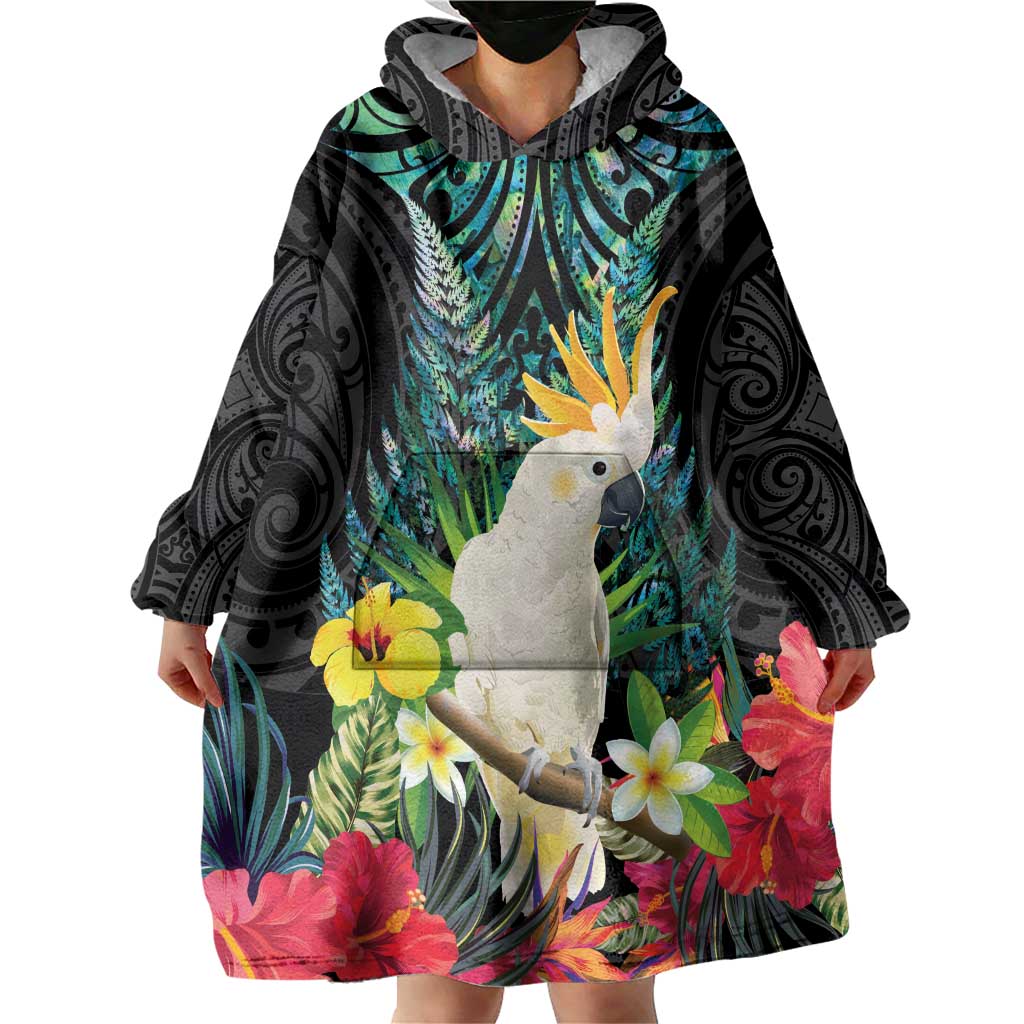 Sulphur-crested Cockatoo New Zealand Wearable Blanket Hoodie Paua Shell Aotearoa Maori Tropical Flowers - Aussie Hoodie