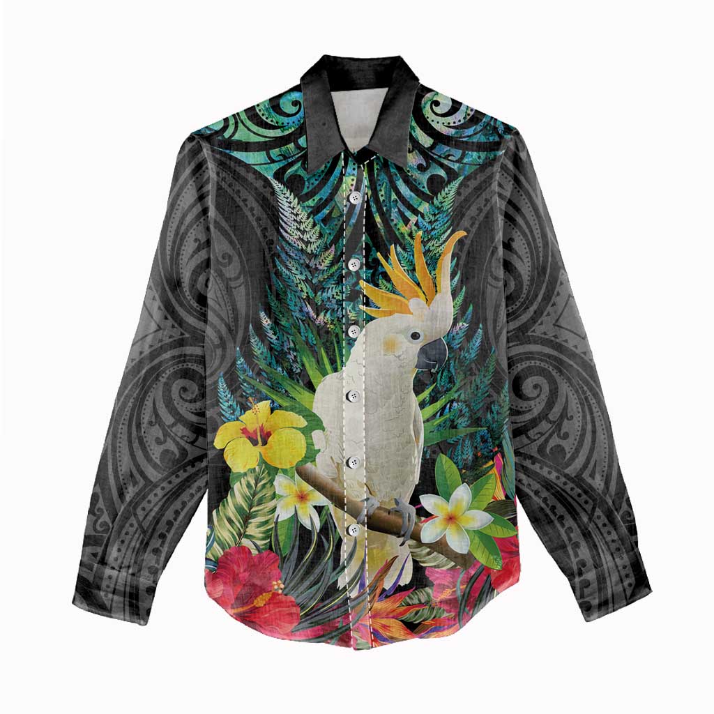 Sulphur-crested Cockatoo New Zealand Women Casual Shirt Paua Shell Aotearoa Maori Tropical Flowers - Aussie Hoodie